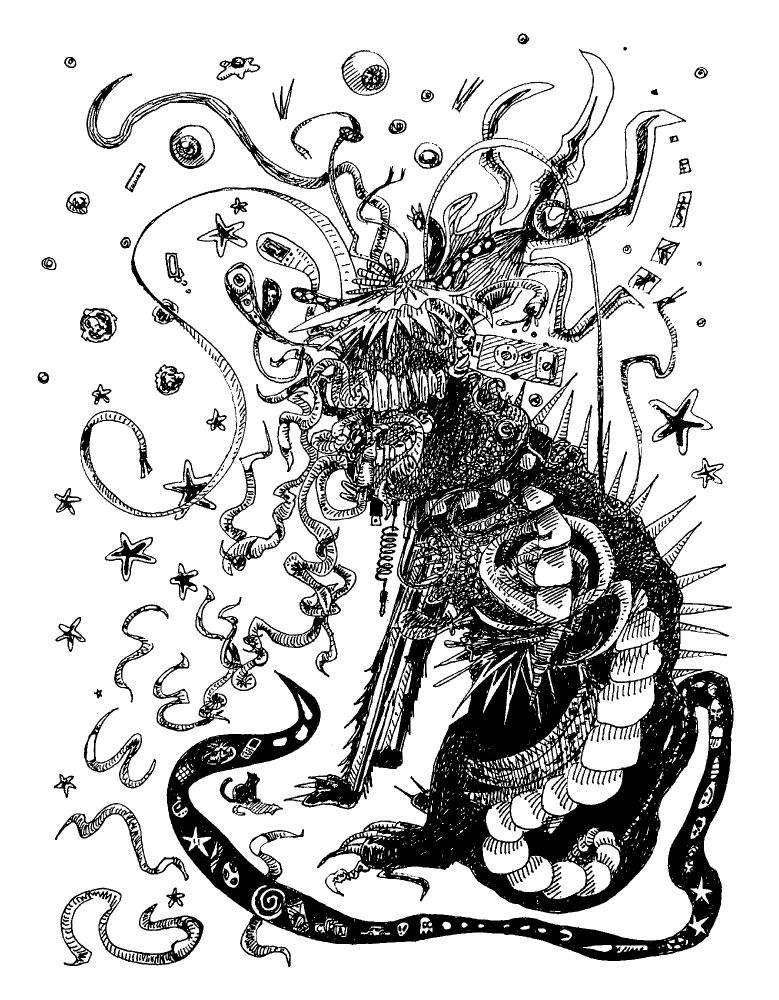 la creatura with worms, a collar, stars, an exploding head, flowers, an iPod nano, USB cables, audio cables, eyeballs, and a tail full of all sorts of fun little trinkets and knick-knack icons