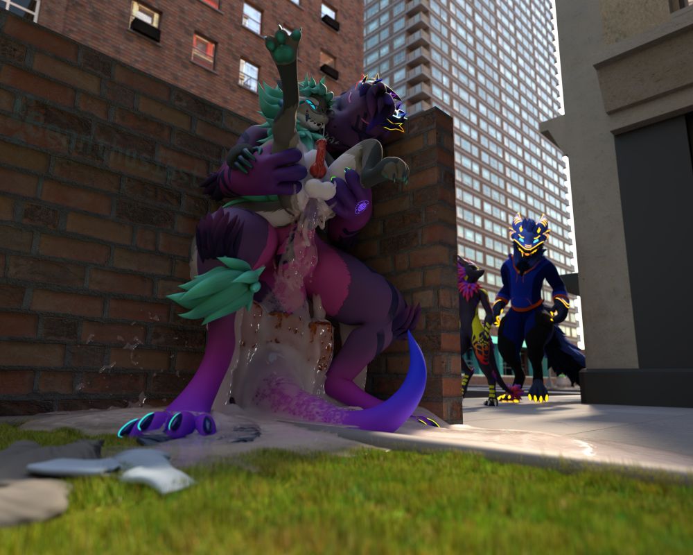 Asher being held up by Purple, getting cum completely unloaded into him, so much so that it's splurting out and flooding the surrounding area. This is unfortunate, seeing as they're trying to hide behind a wall, and a passersby can see the pool of cum in plain view, as well as Purple's head because he's too tall to crouch behind the wall while also cumming his brains out.