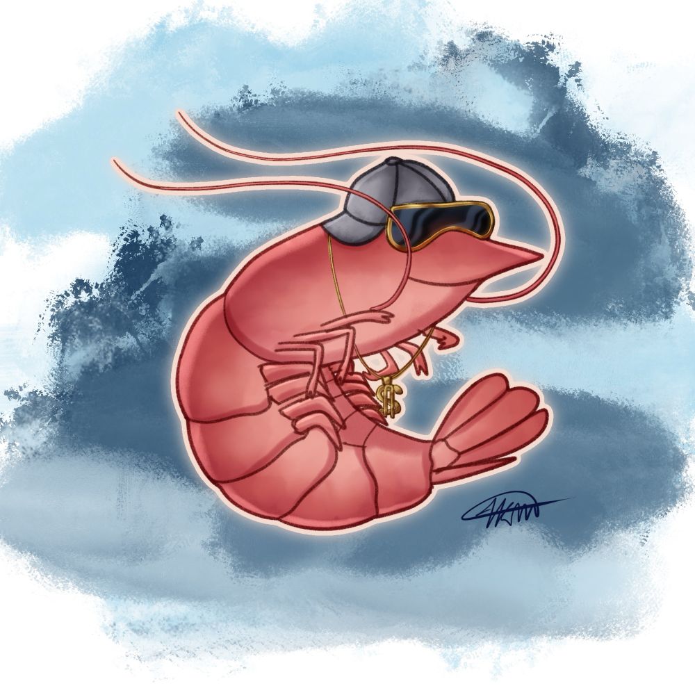 A pink shrimp wearing gold rimmed visor-shades, a gold dollar sign on a gold chain, and a backwards gray baseball cap. The background has light and dark blue color splotches and smudges against solid white.