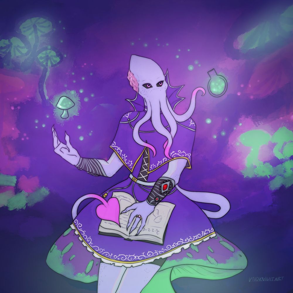 In a grove in the Underdark, a lavender illithid in purple attire with pink-tipped tentacles, a pink brain, and a pink-tipped spade-shaped tail reclines on a green and purple mushroom; they telekinetically hover a green bioluminescent mushroom in one hand, studying and collecting the spores in a vial. A book of various notes on fungi rests in their lap!