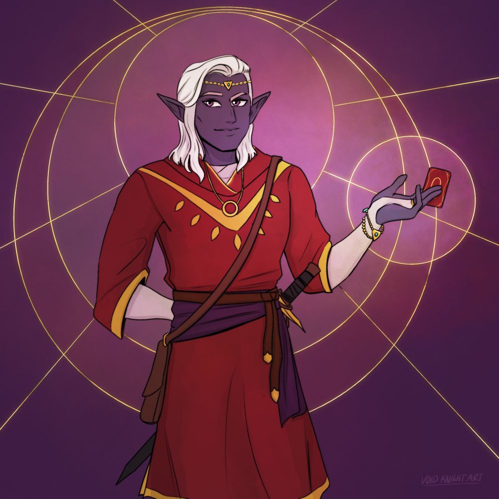 A charming Drow cleric stands before a plum background with a sly expression, he offers a red and gold card in one hand, his other hand folded behind his back. Golden rays and circles surround him. He has shoulder-length white hair shaved close on one side, a deep warm purple complexion, and dark violet eyes; he wears a gold chain circlet, gold bracelets, a gold pendant,  a red and gold robe, a beige long sleeve undershirt, a plum sash, and dark brown belt at the waist that holds a sword and hilt.