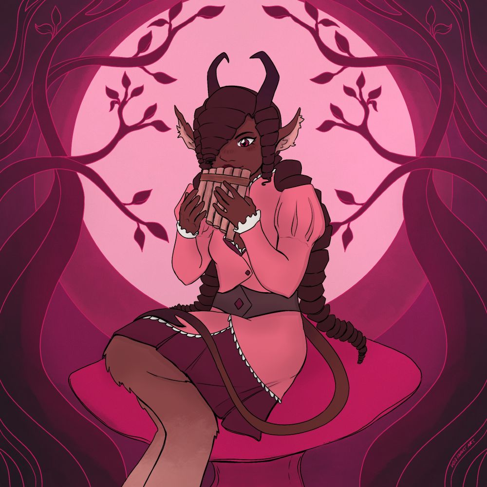 A Tiefling-Satyr sits centered upon a large mushroom and plays the panflute; her tail rests across her lap. She has a deep warm brown complexion, dark brown hair in spiraling pigtails to her waist, red-brown eyes, tall horns, fluffy ears; and wears a cherry pink waistcoat over a plum dress. Twisting dark purple tree branches border her in the frame, with a full pink moon behind her