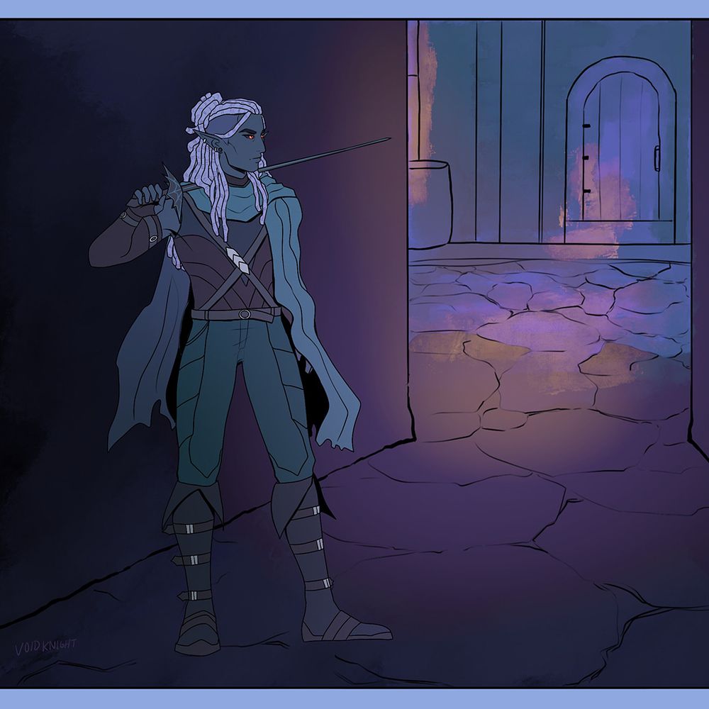 A drow elf rogue with a deep blue-gray complexion, lavender dreadlocks, and red eyes stands in a shadowed alley outside a tavern on a cobblestone street. They shift their weight to their right leg, casually bracing their rapier over their shoulder. They wear black sleveless leather armor crossed in the front by two belts, a long faded blue scarf, leather boots, and sleeved fingerless gloves. Faded orange light spills onto the street they gaze towards. They seem to be waiting for someone or something.