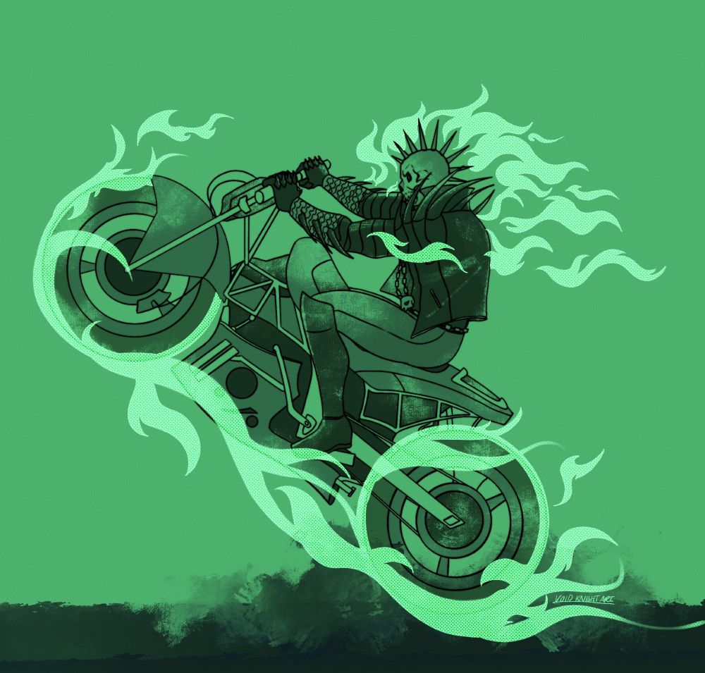 A Ghostrider surrounded by green flame pulls a wheelie on his motorcycle, against a cool green backdrop; black smoke billows up near where the bike's back tire touches the asphalt. Ryker Kai wears dark green pants, black armored gloves, black boots, and an armored spiky black leather vest with spikes protruding from his shoulders down his arms. Chains wrap his forearms. A spiky bone mohawk lines his skull, surrounded by green flames.