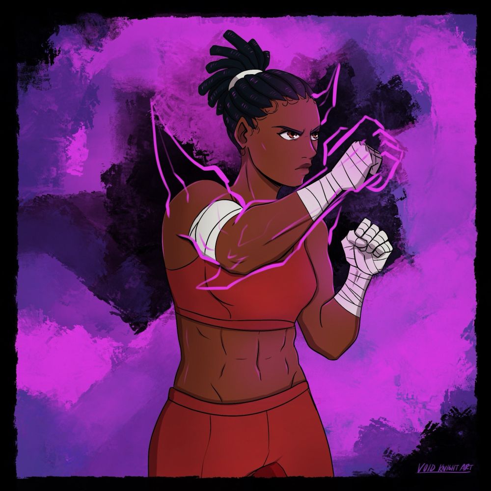In this picture, Latoya stands facing right against an unseen opponent before a bold purple background, surrounded by dark swirling shadows. Bold magenta outlines the future or present spiky features she gains: jagged horns above her left eyebrow,  right shoulder, right elbow, and claws on her right arm. Latoya has a warm umber complexion, dark amber eyes, shoulder-length black locs tied back in a white band; and wears a red midriff top and shorts; her fists are wrapped in white ace-wrap. 

Story included with this description; this is adapted from BoboKitty's cool character lore! Longtime MMA champion Latoya has more than a few demons to contend with in the ring. After her rookie rival Maya defeats her, Latoya takes to an underground fighting ring for supernaturals to boost her skills. Latoya gets tangled up with an experimental substance that alters her physically, but is supposed to boost her strength so she can return to claim her legacy! 
