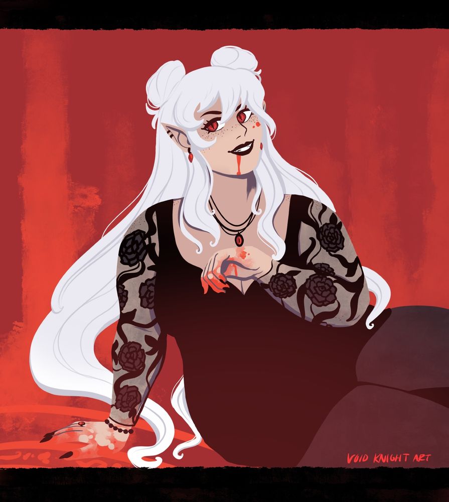 A vampire woman reclines coyly against a stark red backdrop, raising a bloodied hand from a sorcery circle. A bit of red spatters against her cheek and drips from her lips. She is pale wiith red eyes. Her long white hair is styled similar to Sailor Moon's, with the braids unbound. She wears a short black dress with transparent sleeves adorned in roses, opaque black leggings, a red pendant, and many earrings. 
