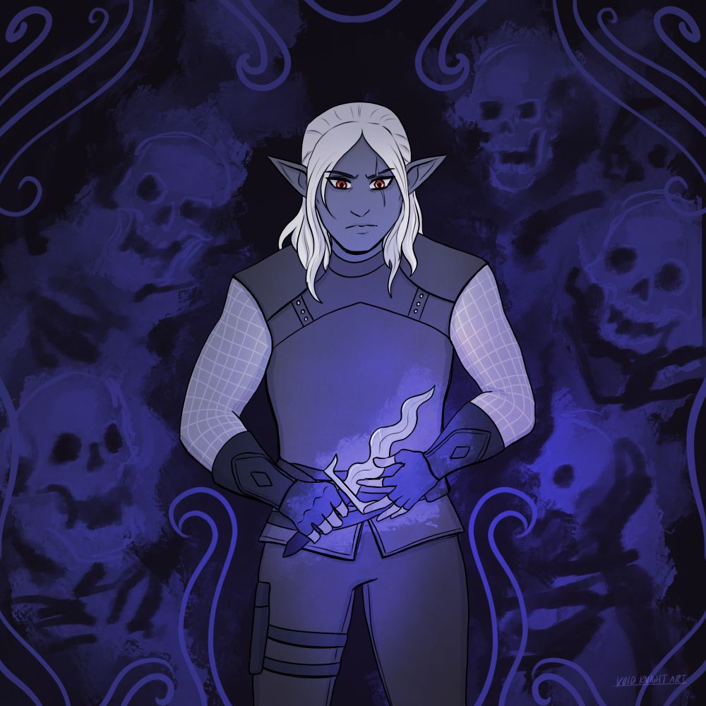 A slim white-haired drow elf stands center in a dark space, surrounded by violet-blue skeletal ghosts observing them work. The drow examines a curved, wavy-edge dagger with soft blue glowing light, perhaps assessing the blade's origin. The drow has shoulder-length whtie hair, red eyes, a medium gray complexion, and wears grey studded leather leather armor.
