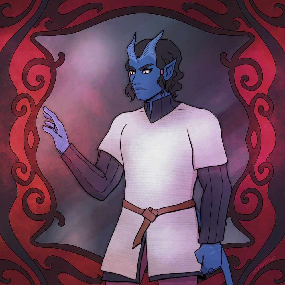 A blue Tiefling fighter in silver-plated chainmail over a dark grey gambeson stands before a dark mirror, wary of the shadows around them. Their eyes are silver, their hair is dark and curly, their bangs held in place by beads framing their face. Scars fleck their clawed hands. Ornate dark and red patterns surround the mirror