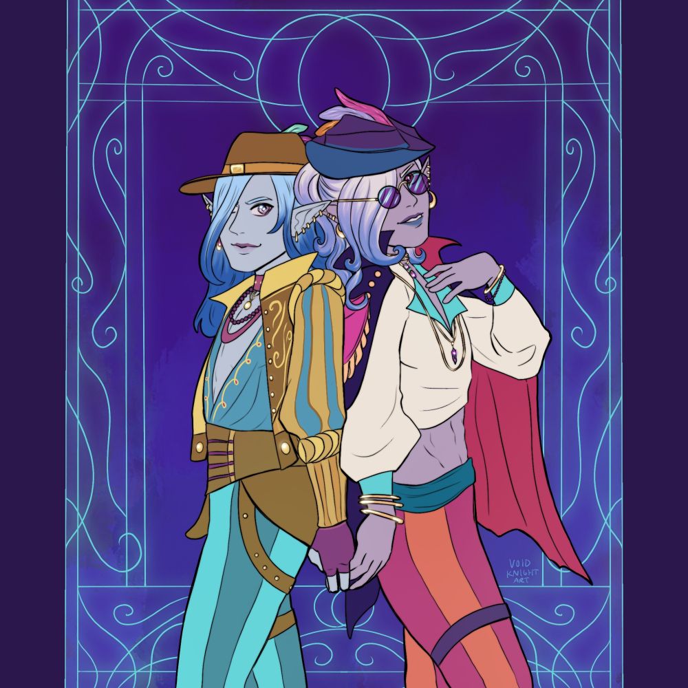 Two Drow bards stand back to back with clasped hands, grinning like they've got the latest hot gossiip or know a secret you're questing for! They both sport colorful outfits, feathered hats, and many fashionable accessories. Floris (on the left), wears a gold and blue doublet-style jacket with an open shirt, a gold-brown corset belt and hat, and teal striped pants. Their straight hair is light blue cascading into dark blue at the ends, and their eyes are blue-purple. Myrci (on the right) wears a white flowy crop top shirt with a teal collar and sleeve caps, red and orange striped pants, a dark purple and blue tricorn hat with many feathers, a purple and red shoulder cape, and circular purple glasses. Their pale hair is a wavy ombre of ivory, into lavender, into darker blue at the ends. The background is deep purple with a swirling blue-silvery border in art nouveau patterns.