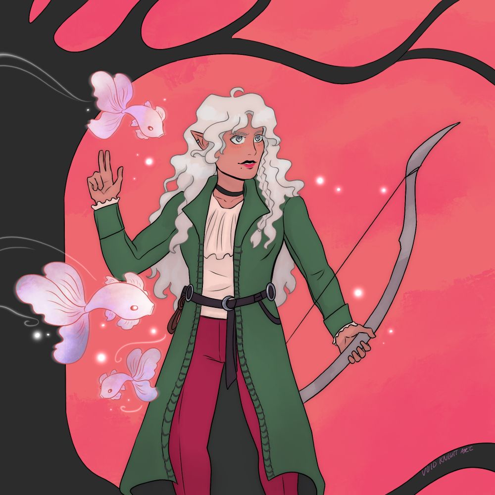 A Half-elven woman perches on the branch of a tall leafless tree, beckoning the silvery irridescent fish spirits of her swarm around her. She wears a long green overcoat, red leggings, a flowy beige shirt, and several belts. She has long silvery-blonde wavy hair, silver eyes, a warm light-brown complexion, and a beauty mark. She holds a silvery bow and stands against a pink-orange sky.