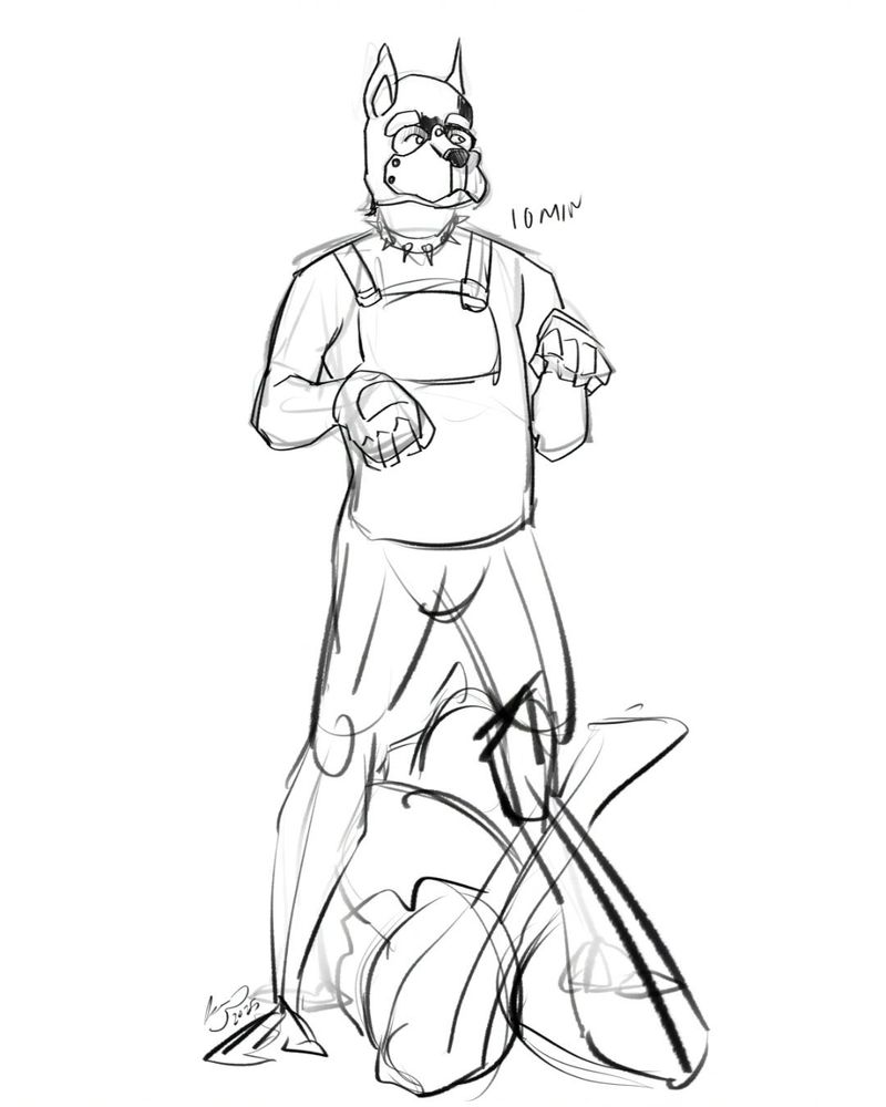 10 min sketch of a guy in a pup hood standing over and other guy in a pup hood who is lying in the floor
