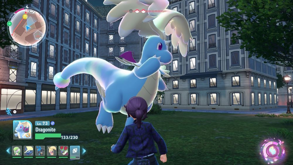 Screenshot from my copy of Pokemon Legends ZA. In the center is a shiny alpha mega Dragonite. In my party I also have a shiny alpha Noivern and a shiny Goodra. So many shinys!