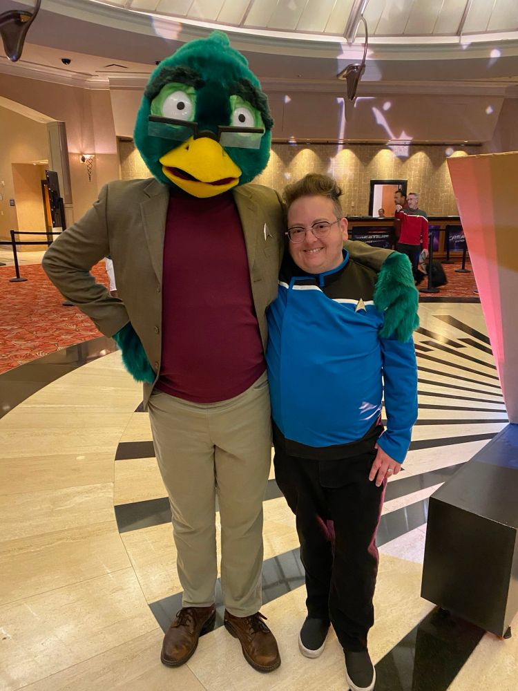 Photo of Me as Migleemo and Tracey in a lower decks style uniform.