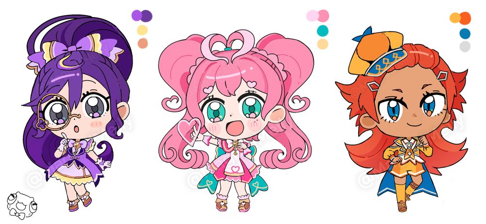 Three chibis of magical girl designs. On the left is a girl wearing a purple outfit with yellow accents, a monocle, and a ribbon that ties her long purple hair in a ponytail. In the middle is a pink magical girl with a heart motif. She wears a light pink dress with a green ribbon on her back, and had two large pink pigtails. On the right is a girl in orange. She has long spiky orange hair and is wearing an orange hat and shorts, and a jacket that is longer in the back and appears as a blue cape.