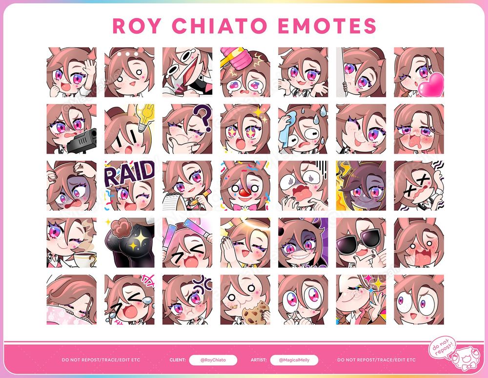 A graphic showing the 35 emotes made for vtuber @RoyChiato in 2023. They are displayed in a 5x7 grid. He is a bunny barista with brown hair in a high ponytail, and brown bunny ears.