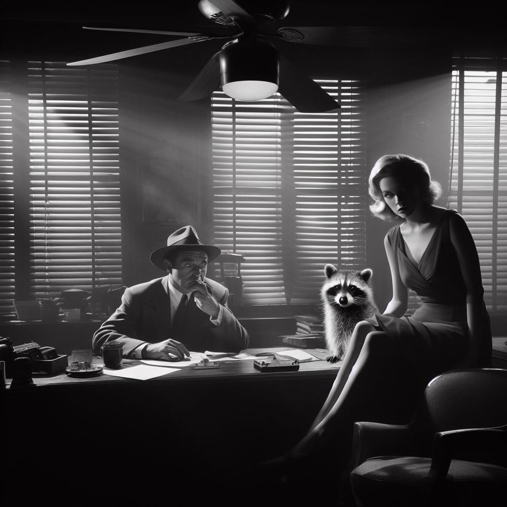 Black and white noir scene with detective and client. Raccoon sitting on the desk. All are looking at the "camera"