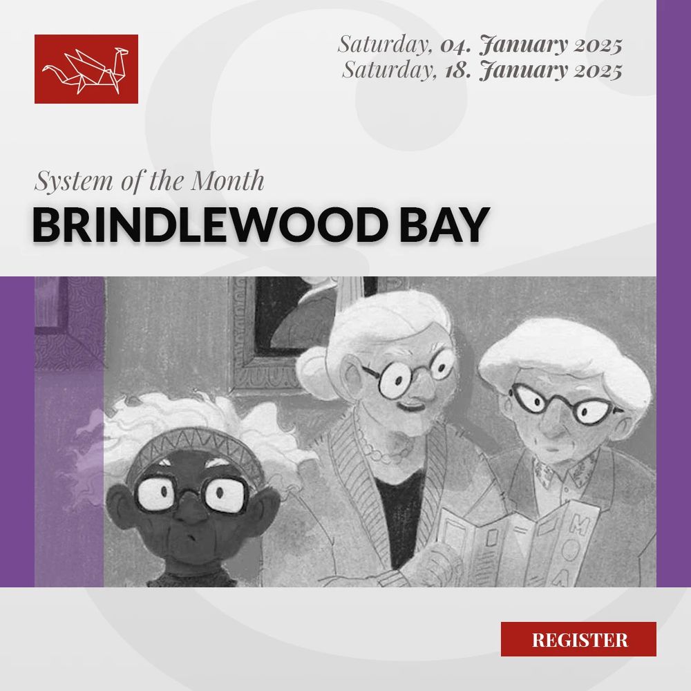 A drawing of three elderly ladies with glasses talking about a newspaper article. At the top left is the logo of the association «Katakomben & Lindwürmer», below which is the headline: «System of the Month: Brindlewood Bay». Two dates indicate when the event will take place: Saturday, January 04, 2025 and Saturday, January 18, 2025. At the bottom, a red button with «Register» written in white letters.