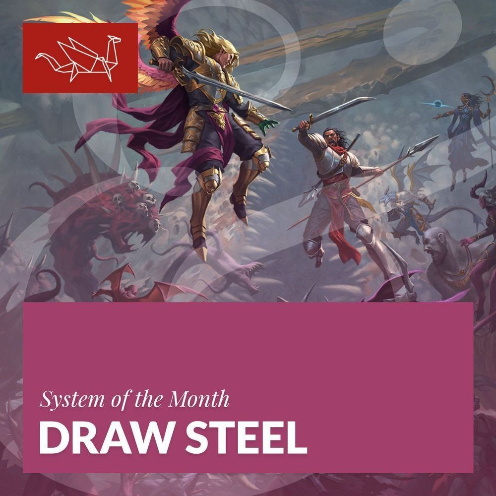 A battlescene where two humanoid fighters are in the focus. Around them are different monsters and other fighters. The Katakomben % Lindwürmer is in the upper left corner, «System of the Month - Draw Steel» is written in white letters on a purple Background.