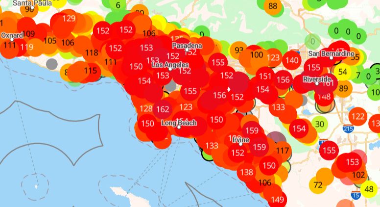 Purpleair.com map at 5:30 am on Dec. 5, 2024 showing most of LA County with extremely poor air quality.