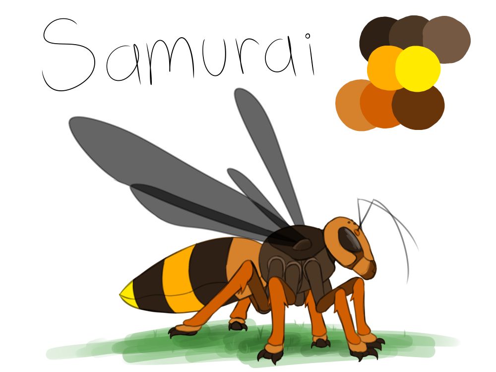 A giant Asian hornet named Samurai. Her legs and abdomen are more vibrant than is typical of her species, with her light stripes starting at a typical orange color and becoming bright yellow at the end of her abdomen.