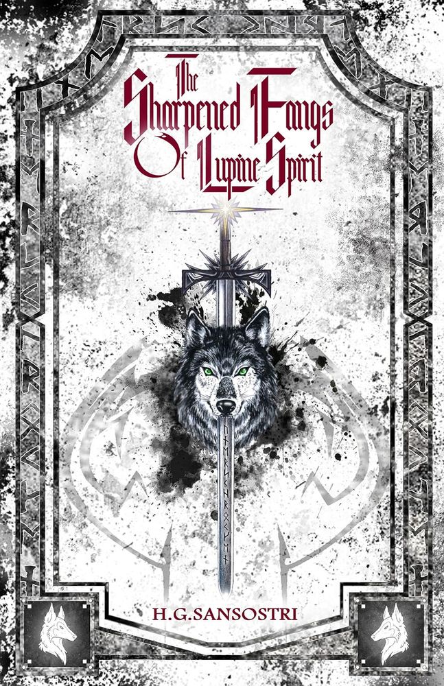 The cover of The Sharpened Fangs of Lupine Spirit by H. G. Sansostri; a wolf's head being stabbed through the back and out the mouth by a large sword. Runes in an unknown language frame the image.