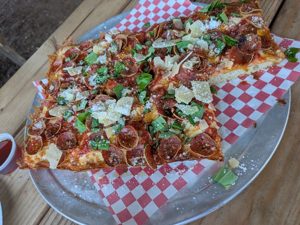 A giant Detroit style pizza from Prettyboy Pizza. 
