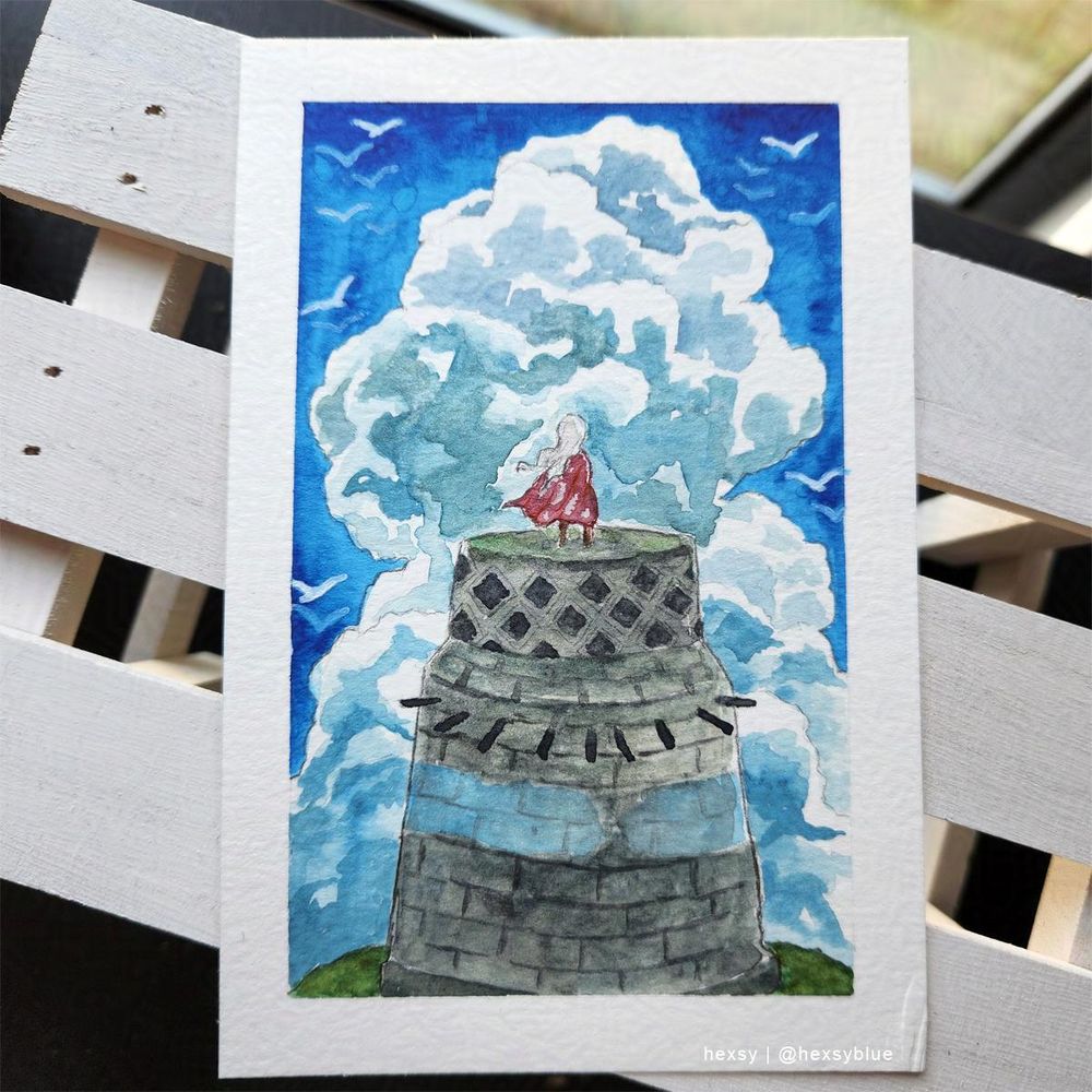A sky kid standing on top of a stone building, facing a towering cloud.