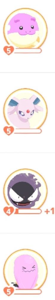 A row of vertical Pokémon Sleep avatars all of which are pink and purple. A shiny Spheal, an Espeon, a Gastly and a Shiny Wobuffet.