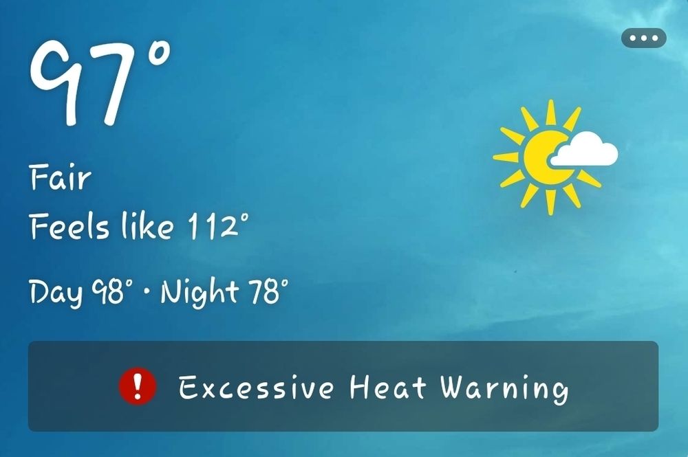 An image that shows the temperature is 97 degrees Fahrenheit with a feels like temperature of 112 degrees.