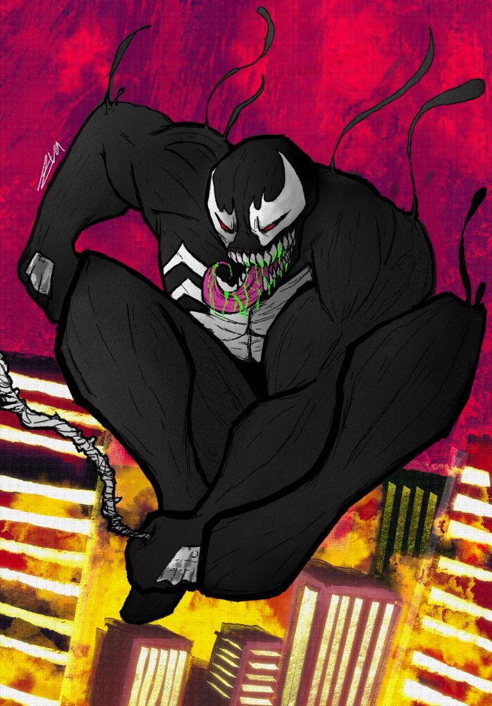 Venom swinging through a burning city