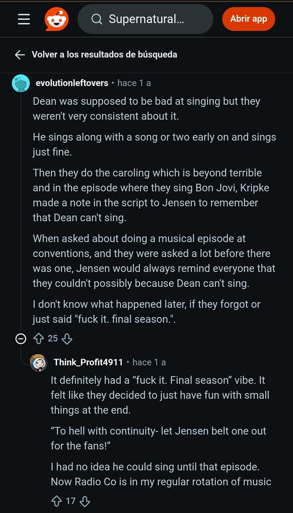 Captura de un foro de reddit donde hablan sobre la inconsistencia de si Dean Winchester de Supernatural sabe cantar o no. Entre los comentarios se dice que el creador de la serie, Eric Kripke, recordaba al actor Jensen Ackles que Dean canónicamente no sabe cantar, aunque efectivamente eso ha ido variando con las temporadas. 