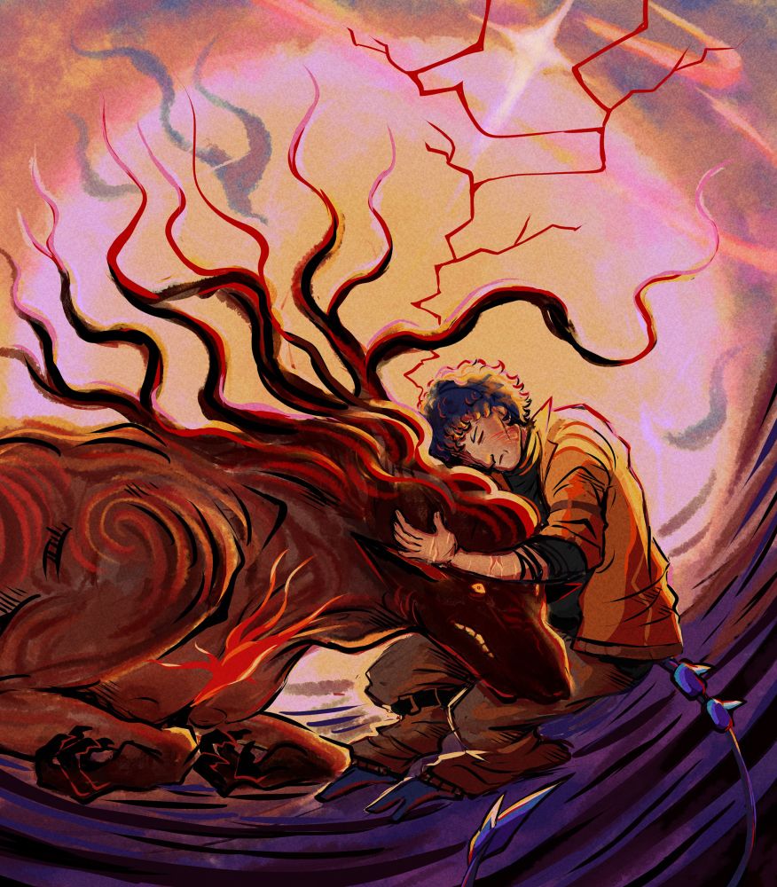 A woman sitting on the ground cradling the head of a humanoid, werewolf-like being. There are black tendrils sprouting out of its head, resembling a mane. The background is blurry but a planet can be seen in the background.
