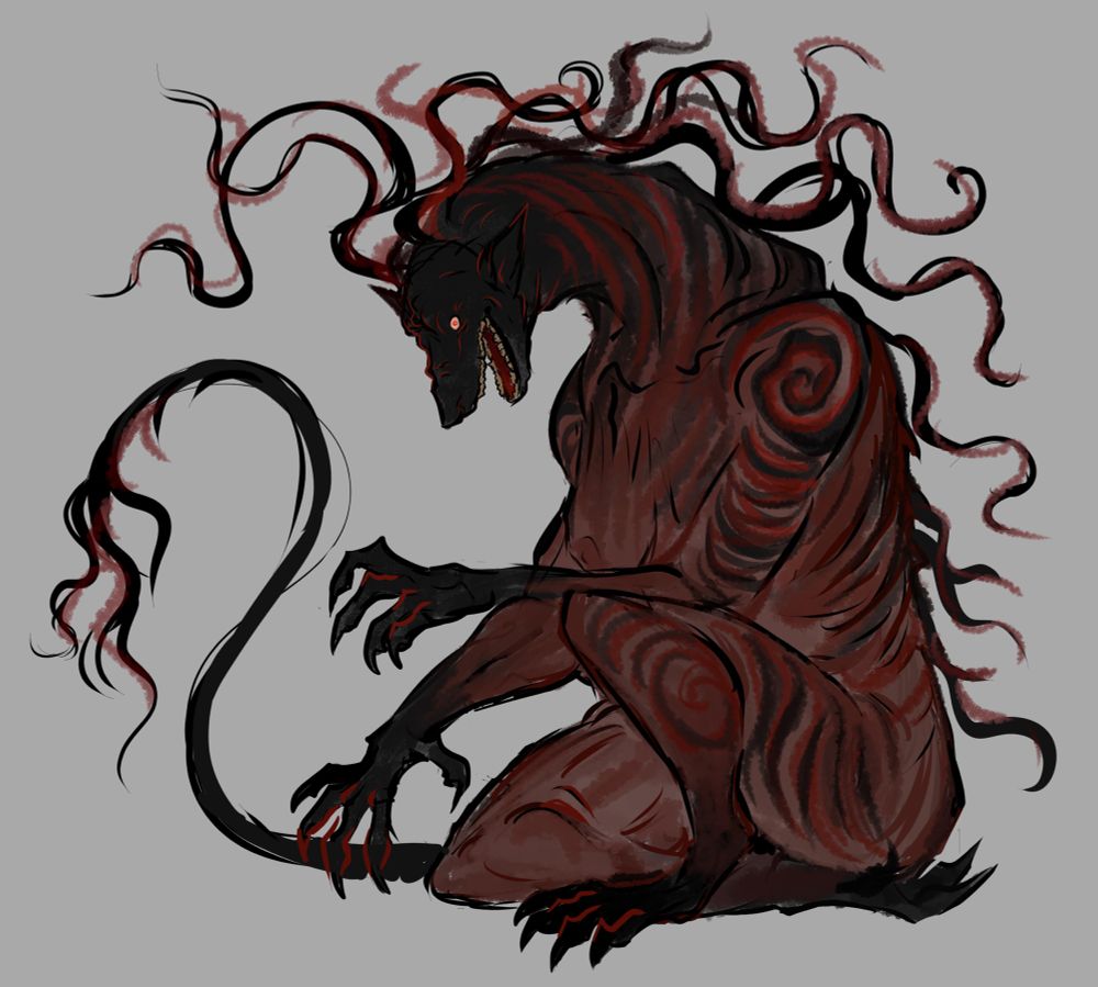 A nude humanoid, werewolf-like being sitting on the ground. Her body has markings that resemble stripes and swirls. The ends of her limbs, including her dog-like head are black. She has a mane and a tail that consists of thin, black tendrils.