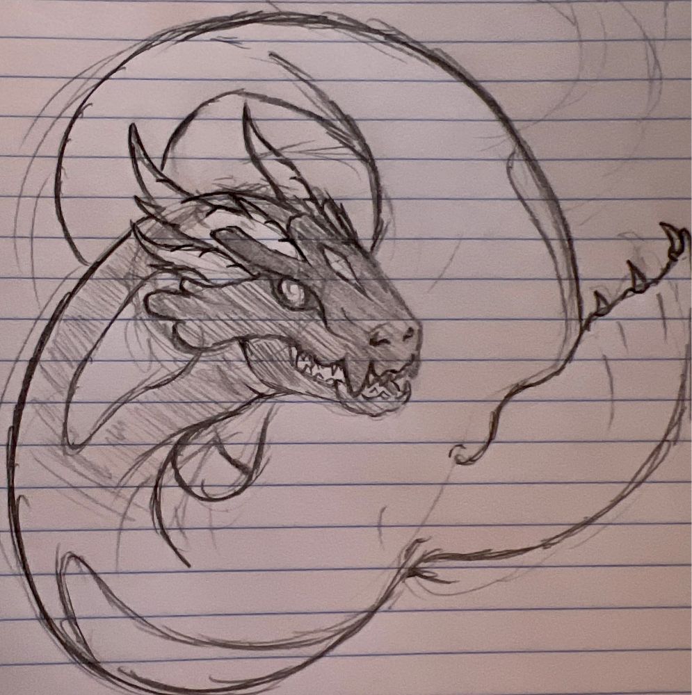 Leviathan-- working on that dunk-inspired face. I like her flat nose a lot. 
---
Image Description; sketch of a water dragon with vaguely orca markings on notebook paper.