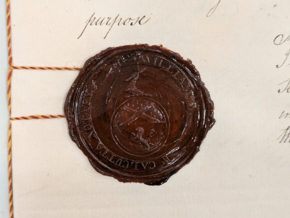 A wax seal, reading "CALCUTTA NOTARY WILLIAM [HICKEY]". 10/08/1802.