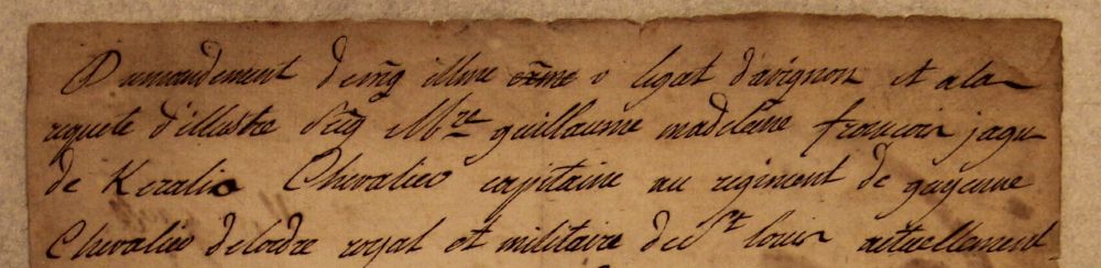 Section from a 1788 notarial act, referencing "Mre guillaume madeleine françois jagu de Keralio Chevalier capitaine au regiment de gayenne Chevalie de l'ordre royal et militaire de St Louis".