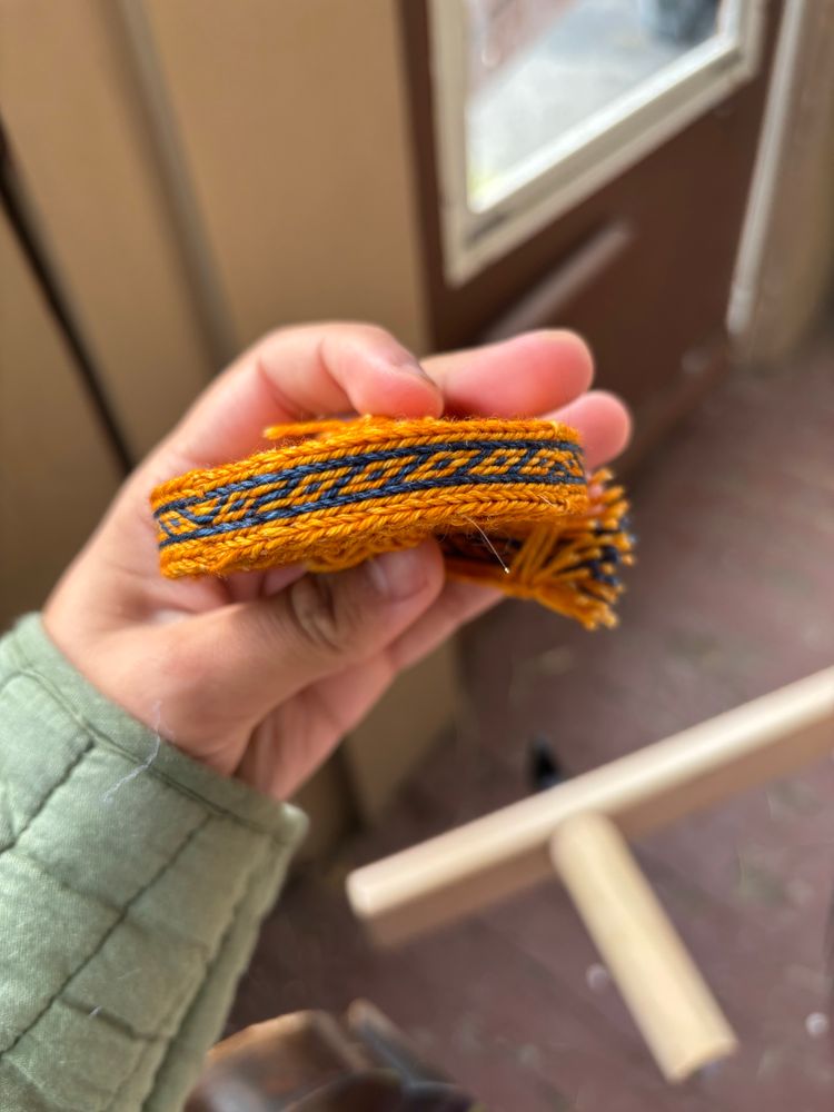 Finished sample of my first tablet weaving pattern: my left hand holds a blue and gold alternating band that is rolled up into a little circle. At full length it’s over five feet long. The blurred tip of my loom sits in the bottom right corner of the background.