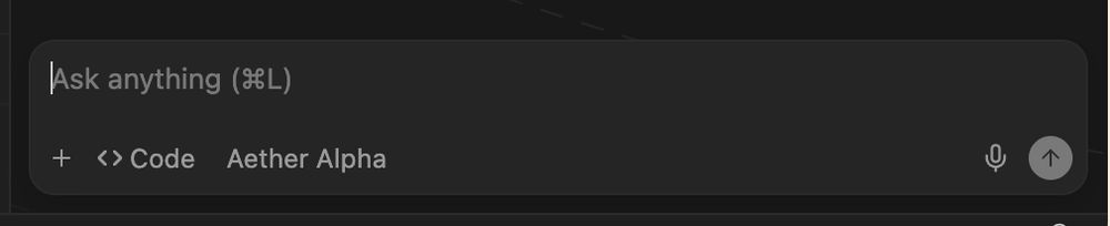 Dark chat input bar with placeholder text "Ask anything (⌘L)", buttons for "+" and "<> Code", label "Aether Alpha", and a microphone icon.