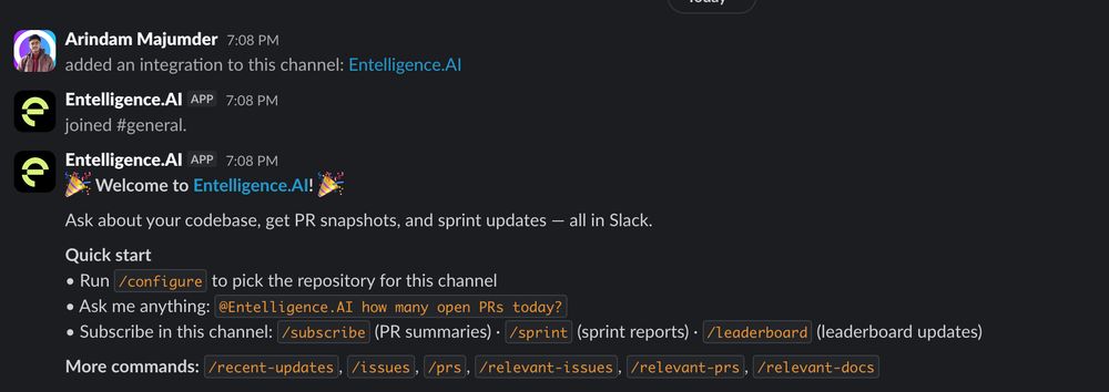 Slack channel showing Entelligence.AI bot joining, welcome message and quick-start commands for PR snapshots, sprint updates, subscriptions and slash commands.