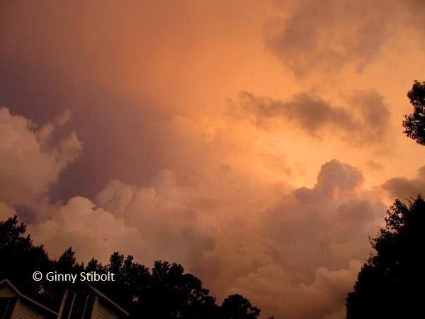 Photo of puffy, sunset-lit clouds over a house. Also trees are in the forground.