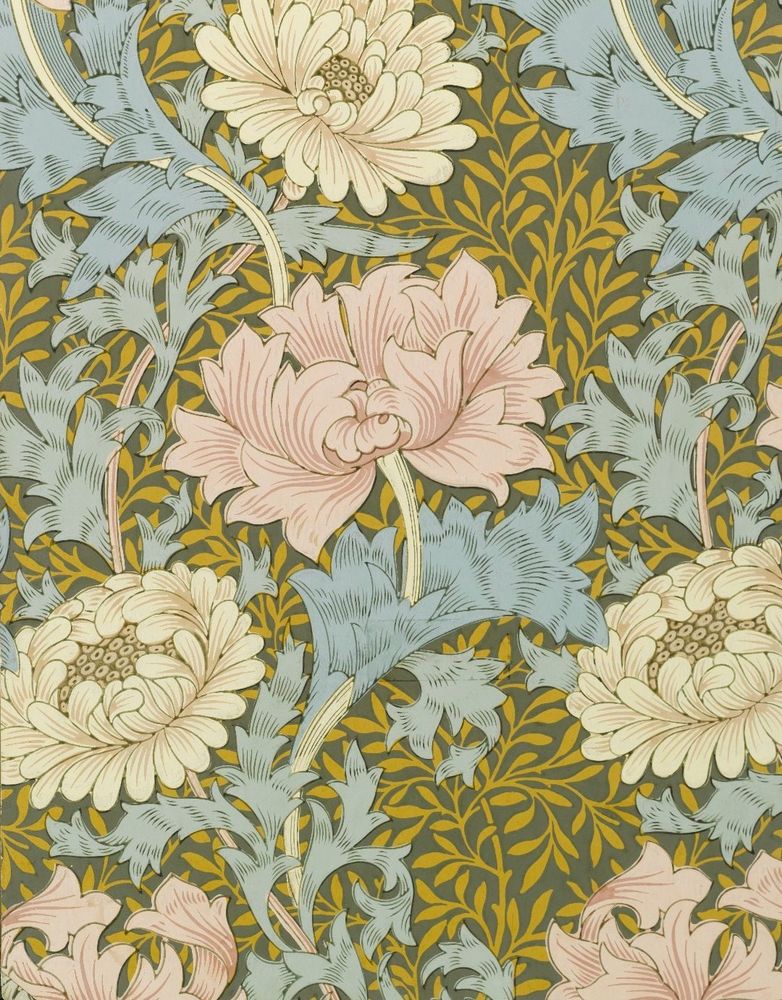 Sample of Morris & Co. "Chrysanthemum", with large cream chrysanthemum blossoms and pink poppies on stems with elaborate blue-green serrated foliage. The background is a dark green with yellow-gold infill of simple lobed foliage.