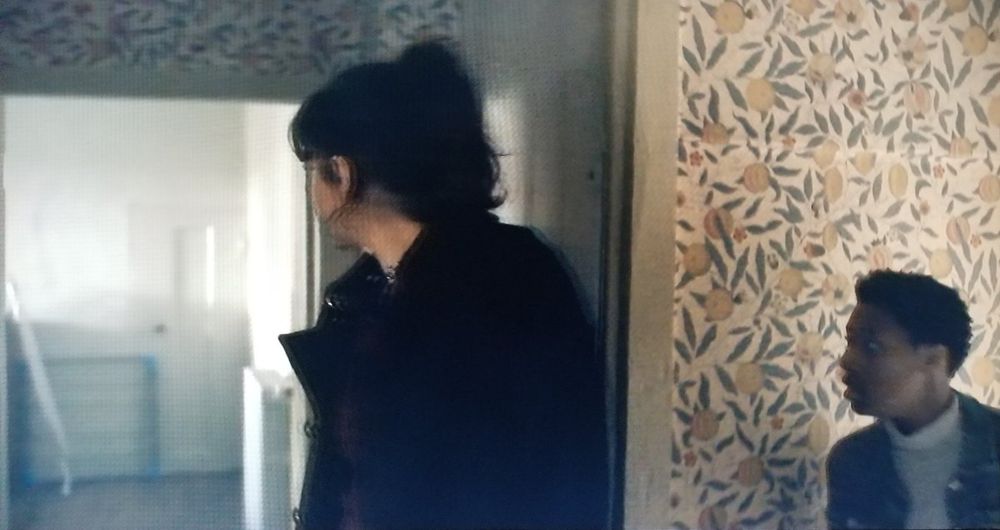 Marcella Backland (Anna Friel) moving through a hallway papered in Morris & Co. "Fruit", a pattern of leaves, citrus, and pomegranates on a cream background. She is turned away from the camera and looking into a sparsely furnished, white-painted room at left. Another person is coming up the stairs and into shot at right.