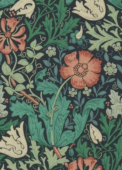 Detail of modern Morris & Co. "Compton" wallpaper, centered on a poppy motif with a red flower and blue-green leaves.