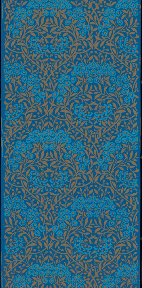 Sample of Morris & Co. “Michaelmas Daisy”, a pattern of repeating symmetrical bunches of daisies with dense foliage. The flowers are bright blue and the leaves ochre-bronze on a background of rich medium blue.