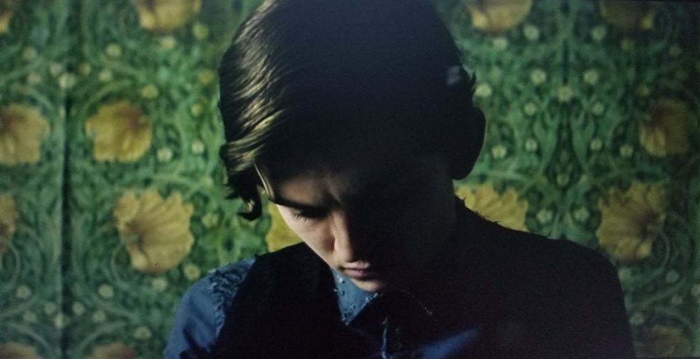 A young man in a blue shirt and black waistcoat, seen from shoulders up, bows his head in front of a wall covered in Morris & Co. “Pimpernell”, a swirling, symmetrical pattern with green background, light green steams and leaves, large peachy flowers and small white flowers.