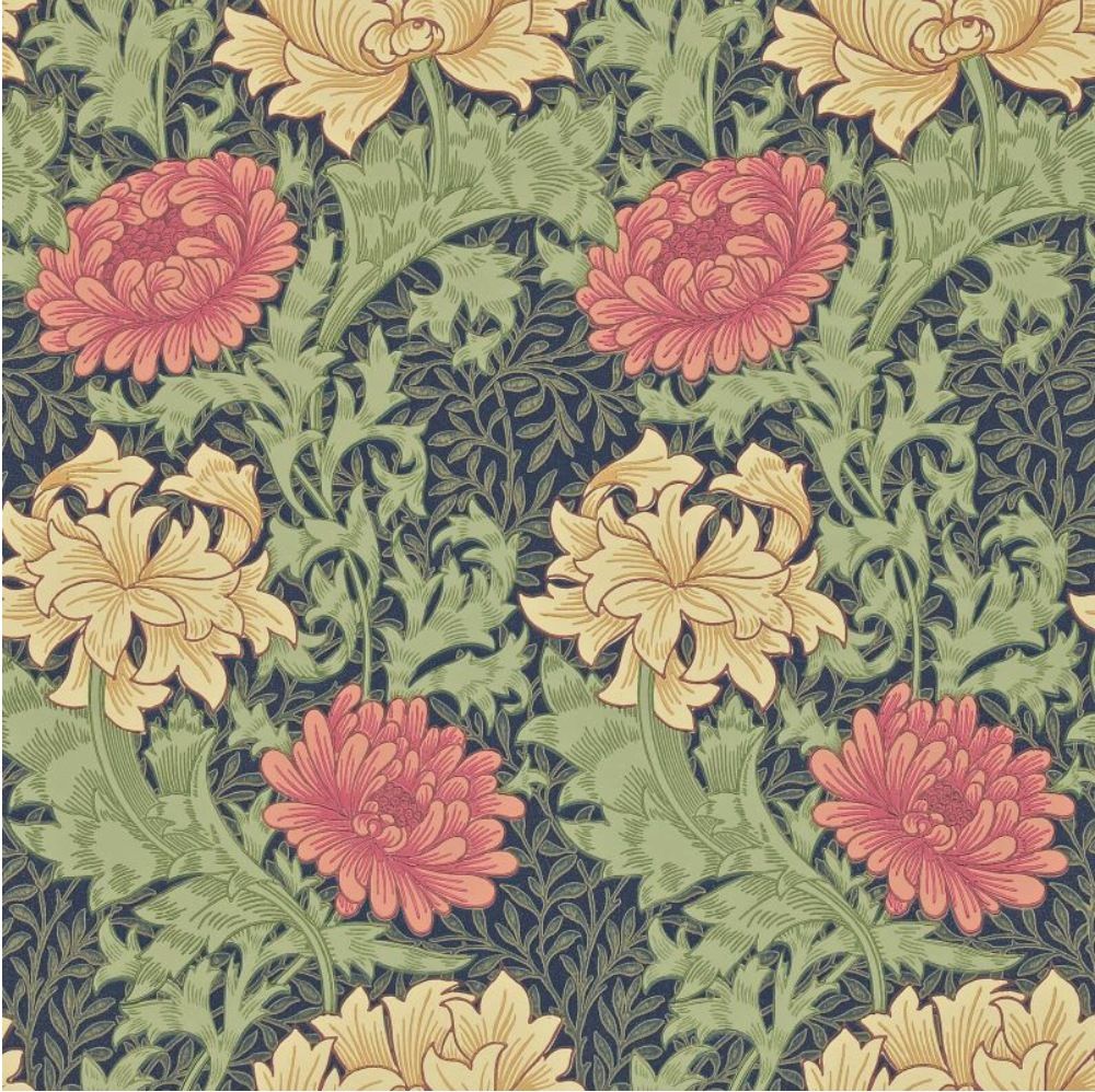 Wallpaper sample of modern Morris & Co. "Chrysanthemum", with red-pink chrysanthemums and yellow poppies, brighter green stem foliage, and a dark blue ground with dark grey-grean infill foliage.
