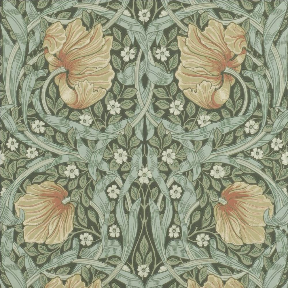 Sample of modern Morris & Co. "Pimpernel" wallpaper with large light red-orange tulips, mint green swirling tulip foliage, and white pimpernels, on a dark green ground.