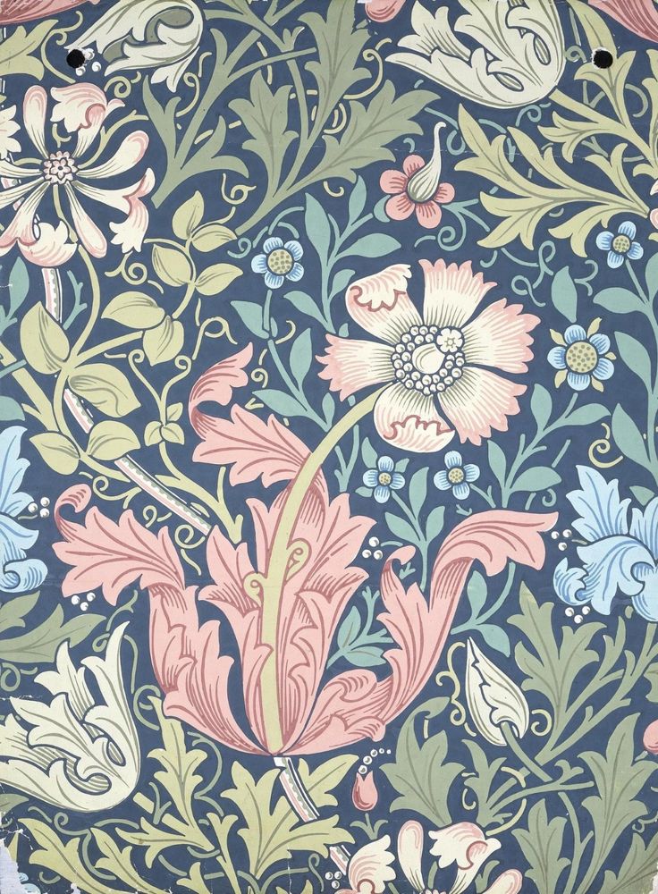 Detail of historic version of Morris & Co. "Compton" wallpaper, centered on poppy motif with red foliage and white-pink flower.