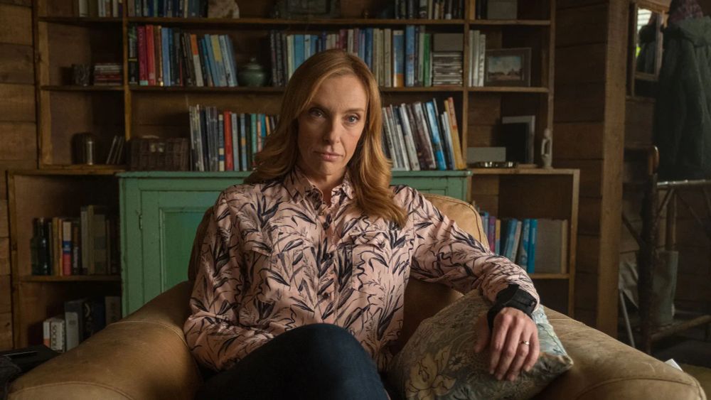Joy Richards (Toni Collette) again sitting in an light brown leather armchair in front of a bookcase, but in a different outfit. There is a throw pillow beside her on the chair covered in Morris & Co. “Strawberry Thief” in a light blue colorway. The birds and strawberries of the pattern aren’t visible, but green foliage and a large cream tulip can be seen.
