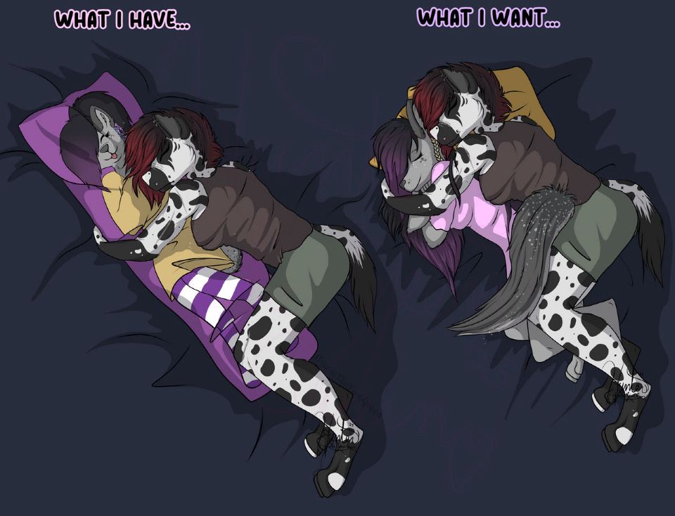 Hyena cuddling a body pillow of her partner, and then cuddling her hellhound in bed. 